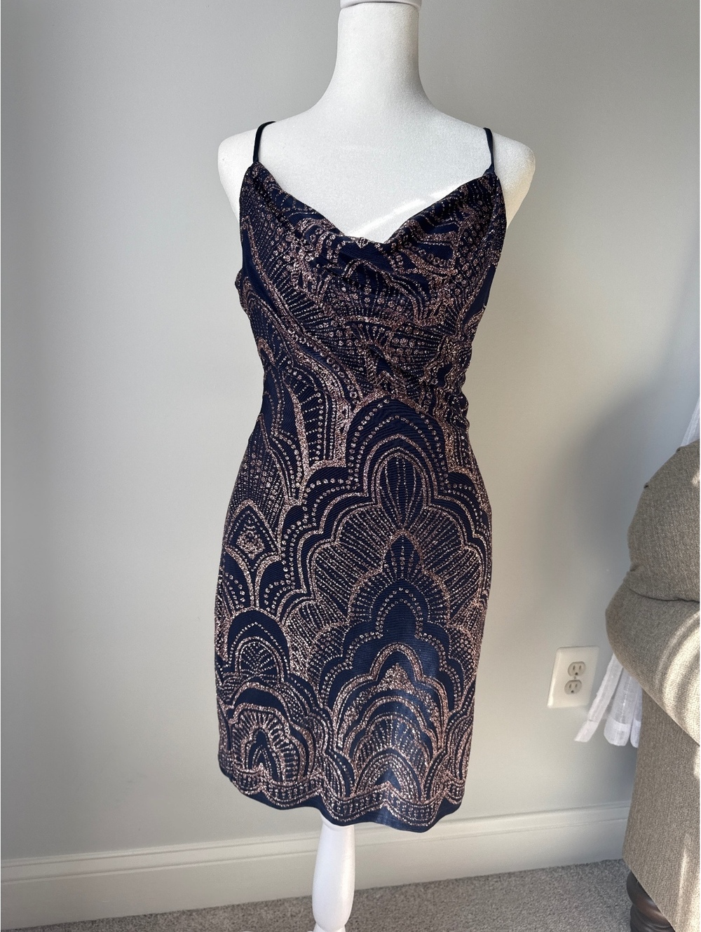 Jump Apparel Navy & Rose Gold Metallic Print Dress